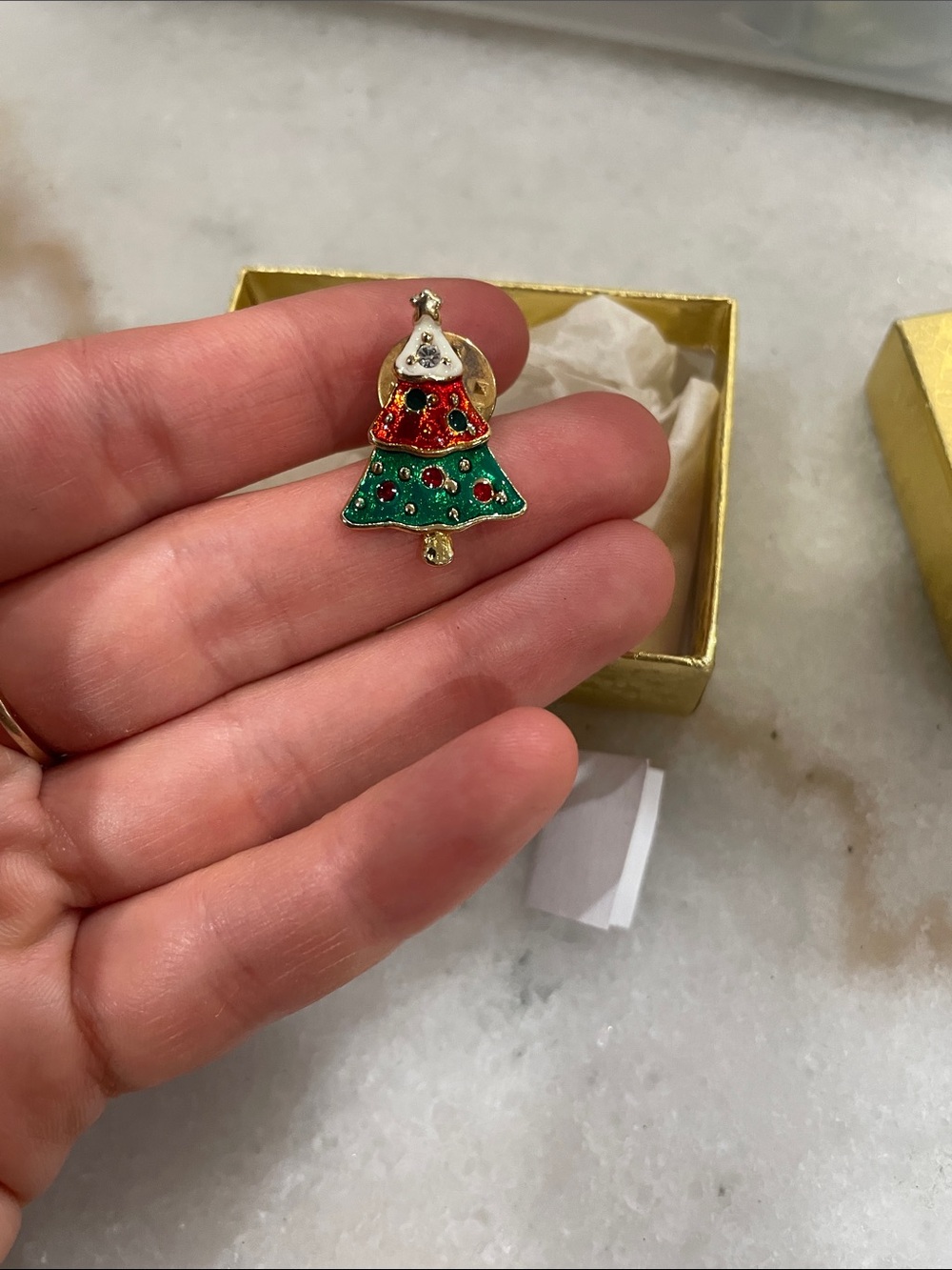 Festive Gold-Tone Christmas Tree Pin Brooch - Green and Red